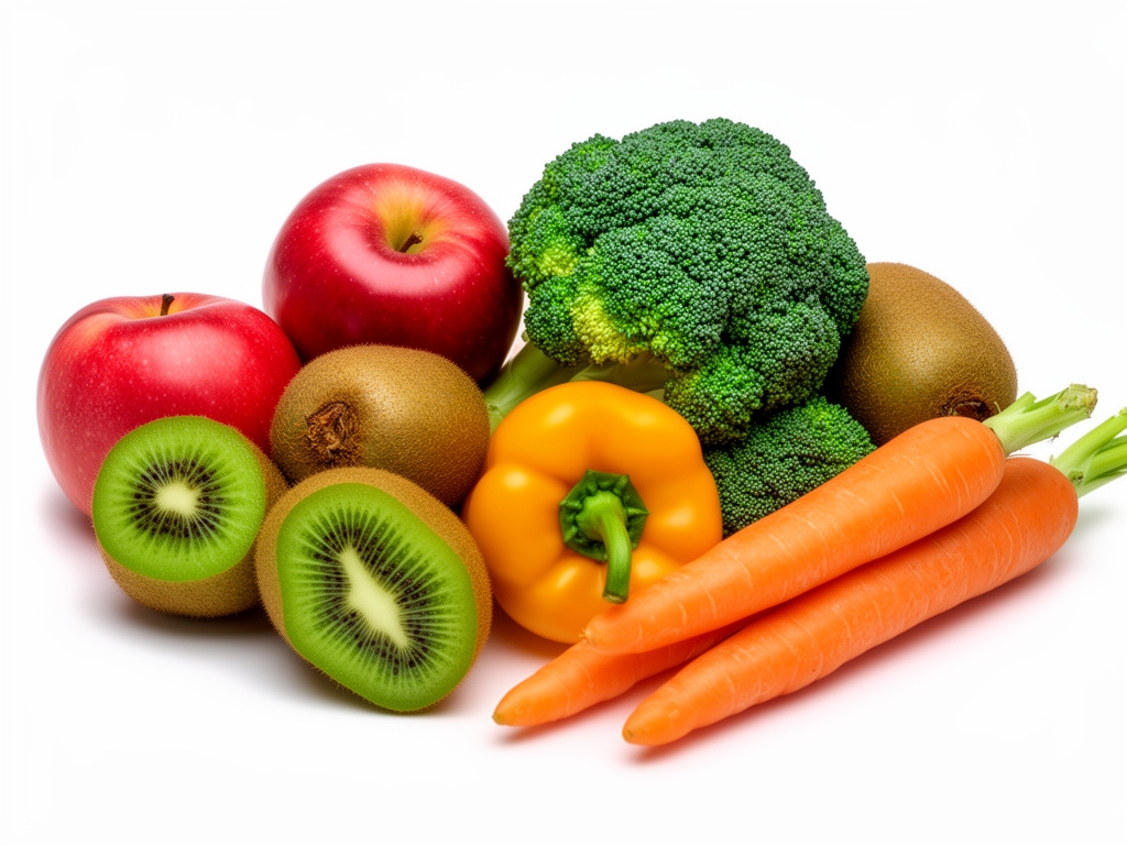 Kolorowe owoce i warzywa rozłożone na białym tle – jabłka, kiwi, papryka, brokuły, marchew – ilustracja różnorodności mikroskładników odżywczych