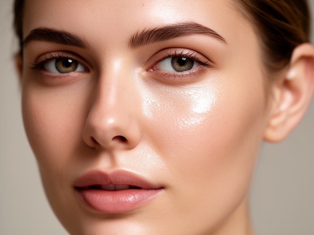 Zbliżenie na twarz kobiety z zadbałą, nawilżoną skórą, delikatne oświetlenie podkreślające naturalną teksturę skóry bez cyfrowej retuszu