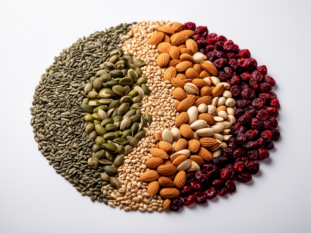 Naturalne składniki ułożone w elegancki wzór: nasiona, pestki, orzechy, suszone jagody, ziarna – symbolika różnorodności składników odżywczych i ich naturalnego pochodzenia