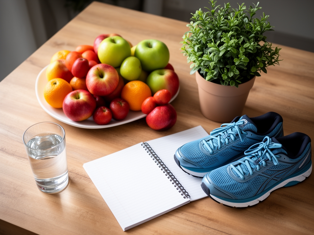 Widok z góry na stół z elementami zdrowego stylu życia: szklanka wody, świeże owoce, notatnik, buty do biegania i roślina doniczkowa – symbolika holistycznego podejścia do dobrostanu