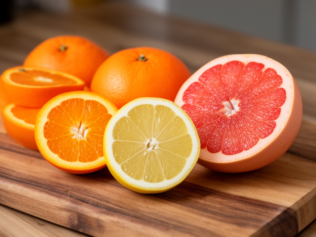 Przekrój cytrusów na drewnianej desce: pomarańcze, grejpfrut, cytryna – symbolika witaminy C i wsparcia odporności naturalnego pochodzenia